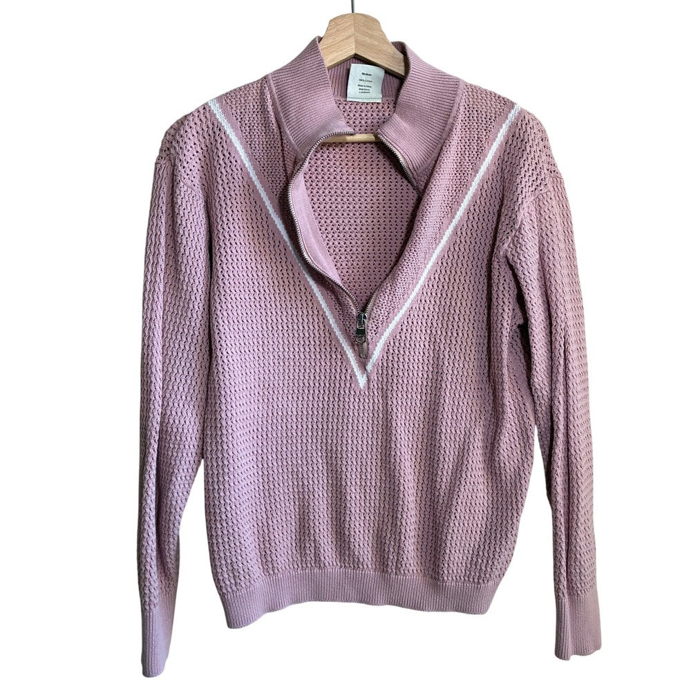 Varley Quarter Zip Knit Sweater Medium Pink Women Cotton Chevron Detail